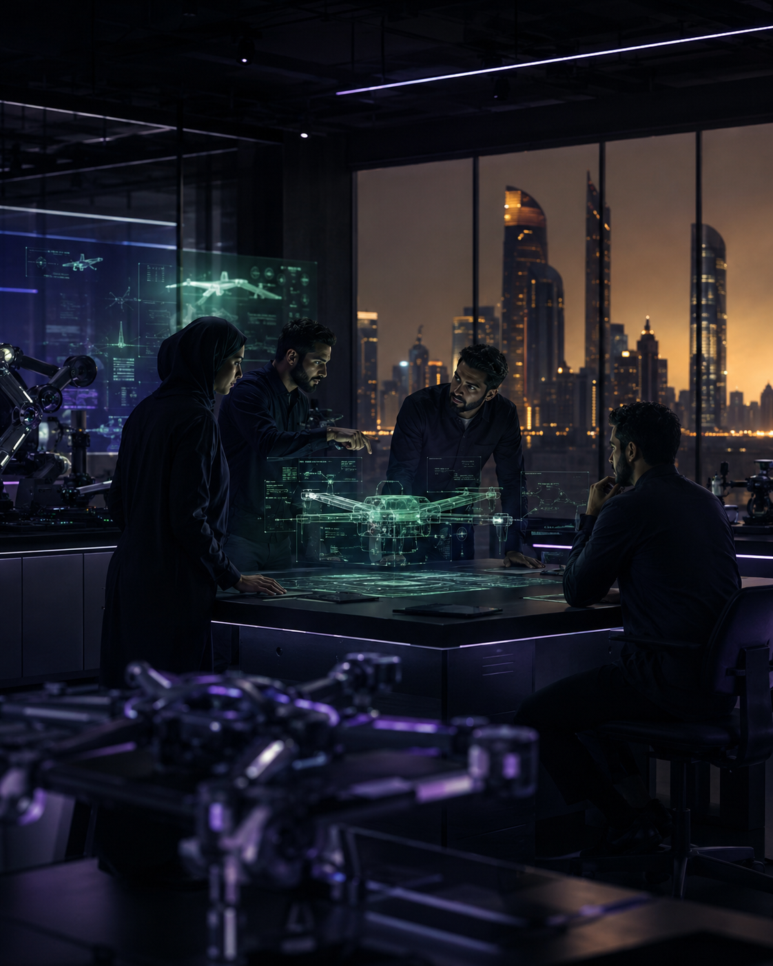 IT Pulse engineers reviewing a holographic drone blueprint in the Abu Dhabi atelier at night