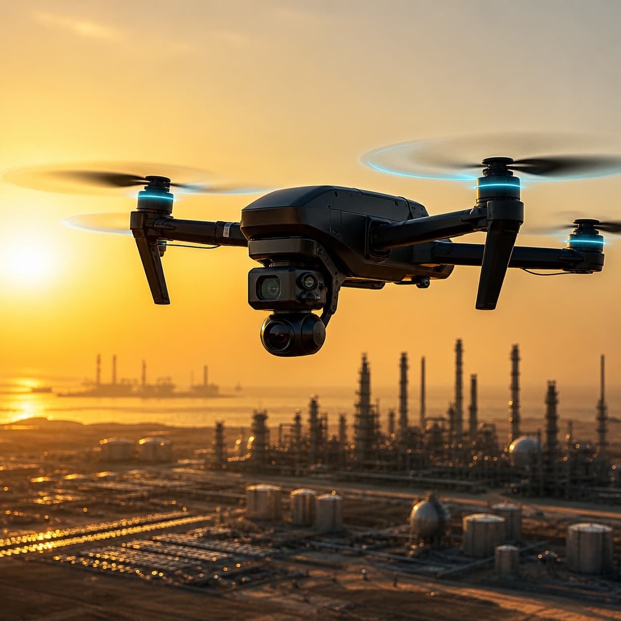 Autonomous inspection drone over a desert oil refinery at sunset