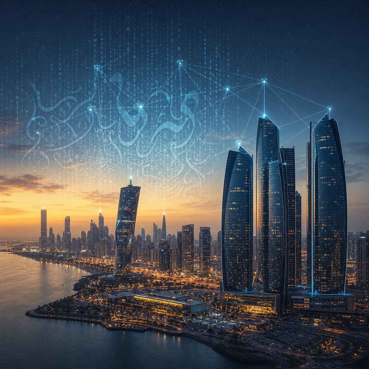 Abu Dhabi skyline at dusk with a digital network overlay
