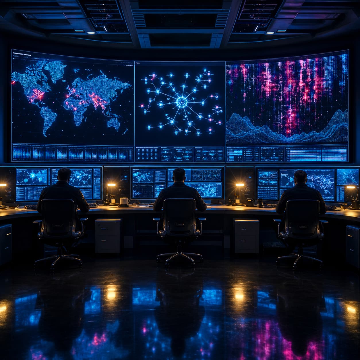 Security operations center with analysts and threat-map video walls