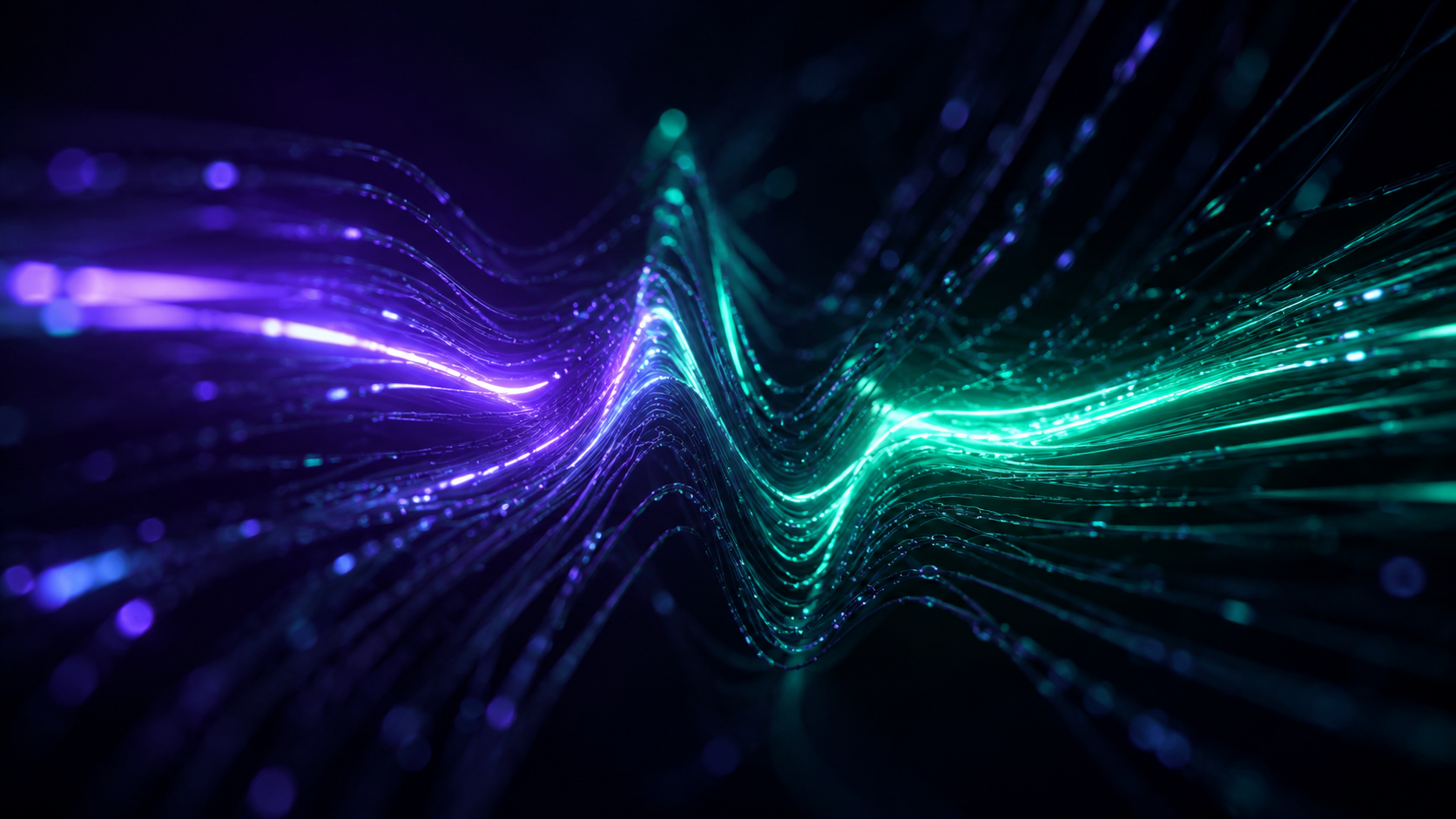 Violet and mint fiber-optic light strands forming a heartbeat pulse waveform