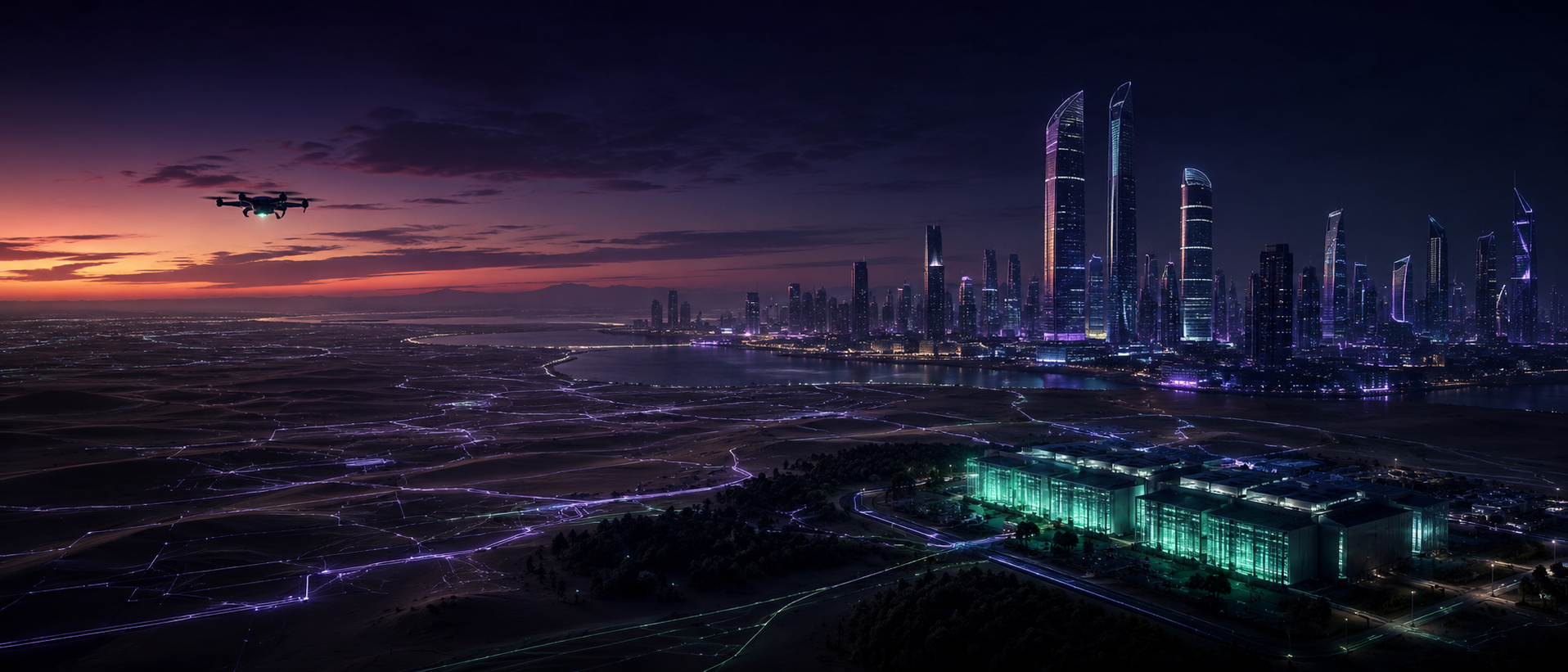Futuristic Abu Dhabi skyline at dusk with a glowing datacenter, light-trace networks across the desert, and an autonomous drone in flight